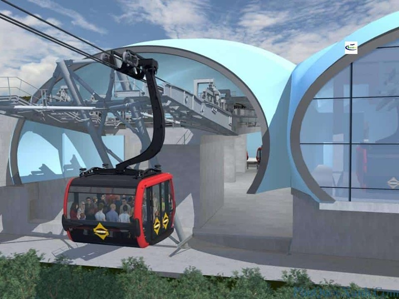 示意圖展示三索纜車系統與大型、穩固的承重橫梁結構